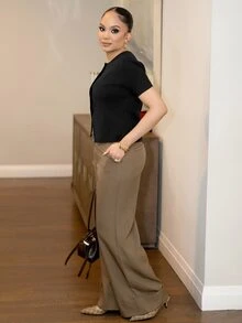 Melissa Matos 女式休闲纯色修身短袖纽扣开衫 - 黑色 - 查看 4