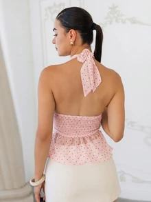 Andrea Bello Women's Polka Dot Pattern Ruffle Trim Halter Neck Blouse - Pink - View 2