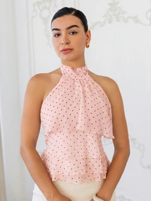 Andrea Bello Women's Polka Dot Pattern Ruffle Trim Halter Neck Blouse - Pink - View 5