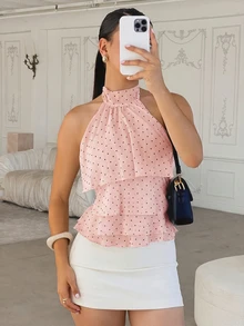 Andrea Bello Women's Polka Dot Pattern Ruffle Trim Halter Neck Blouse - Pink - View 6
