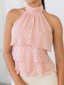 Andrea Bello Women's Polka Dot Pattern Ruffle Trim Halter Neck Blouse - Pink - View 4
