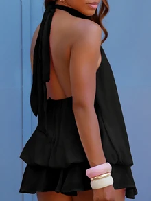 Yess Loren 女款優雅黑色夏季掛脖綁帶迷你洋裝，派對婚禮賓客晚裝生日夏季洋裝，蜜月島嶼度假穿搭 - 黑色 - 查看 4