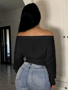 Vassilux 3D花卉斜肩宽松针织毛衣，浪漫户外穿搭，秋冬 - 黑色 - 查看 2