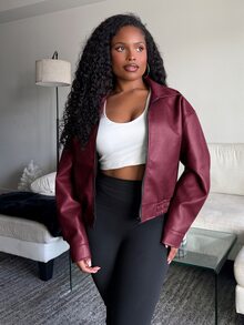 Tyla Gomez 春季新款做旧皮夹克，短款女士休闲外套，秋装 - 酒紅色 - 查看 4
