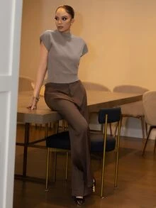 Melissa Matos 女式纯色无袖高领针织上衣 - 卡其色 - 查看 5