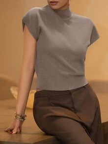 Melissa Matos 女式纯色无袖高领针织上衣 - 卡其色 - 查看 6