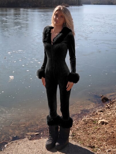Sydney Algeri Women's Solid Color Patchwork Faux Fur Zipper Front Long Sleeve Jumpsuit Bodycon Jumpsuits For Women Black Outfits Pants Suit Woman