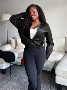 Tyla Gomez 春季新款复古皮夹克短款女士常规夹克情人节秋季服装 - 黑色 - 查看 1