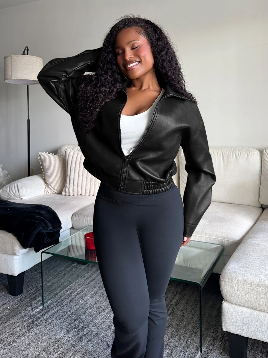 Tyla Gomez 春季新款复古皮夹克短款女士常规夹克情人节秋季服装 - 黑色 - 查看 1