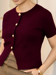 Melissa Matos 女士纯色金属单排扣短袖休闲薄款开衫，秋冬 - 酒紅色 - 查看 4