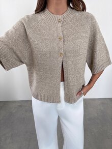Firerie Women's Vintage Fashion Button Ribbed Patchwork Knit Cardigan - Apricot - View 5
