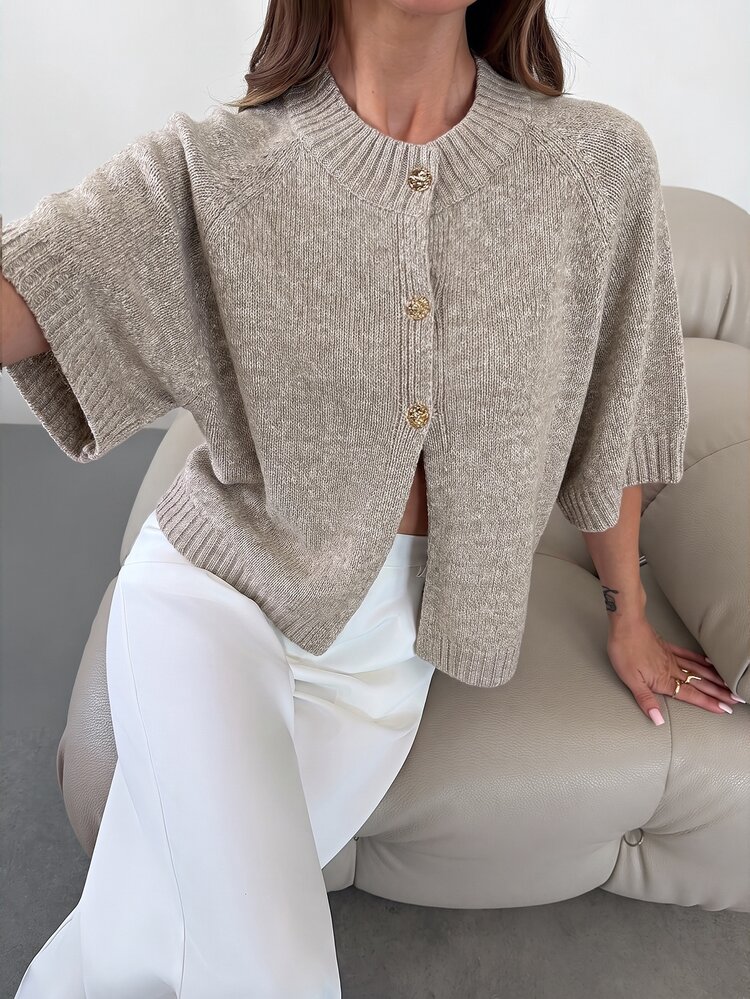 Firerie Women's Vintage Fashion Button Ribbed Patchwork Knit Cardigan - Apricot - View 4