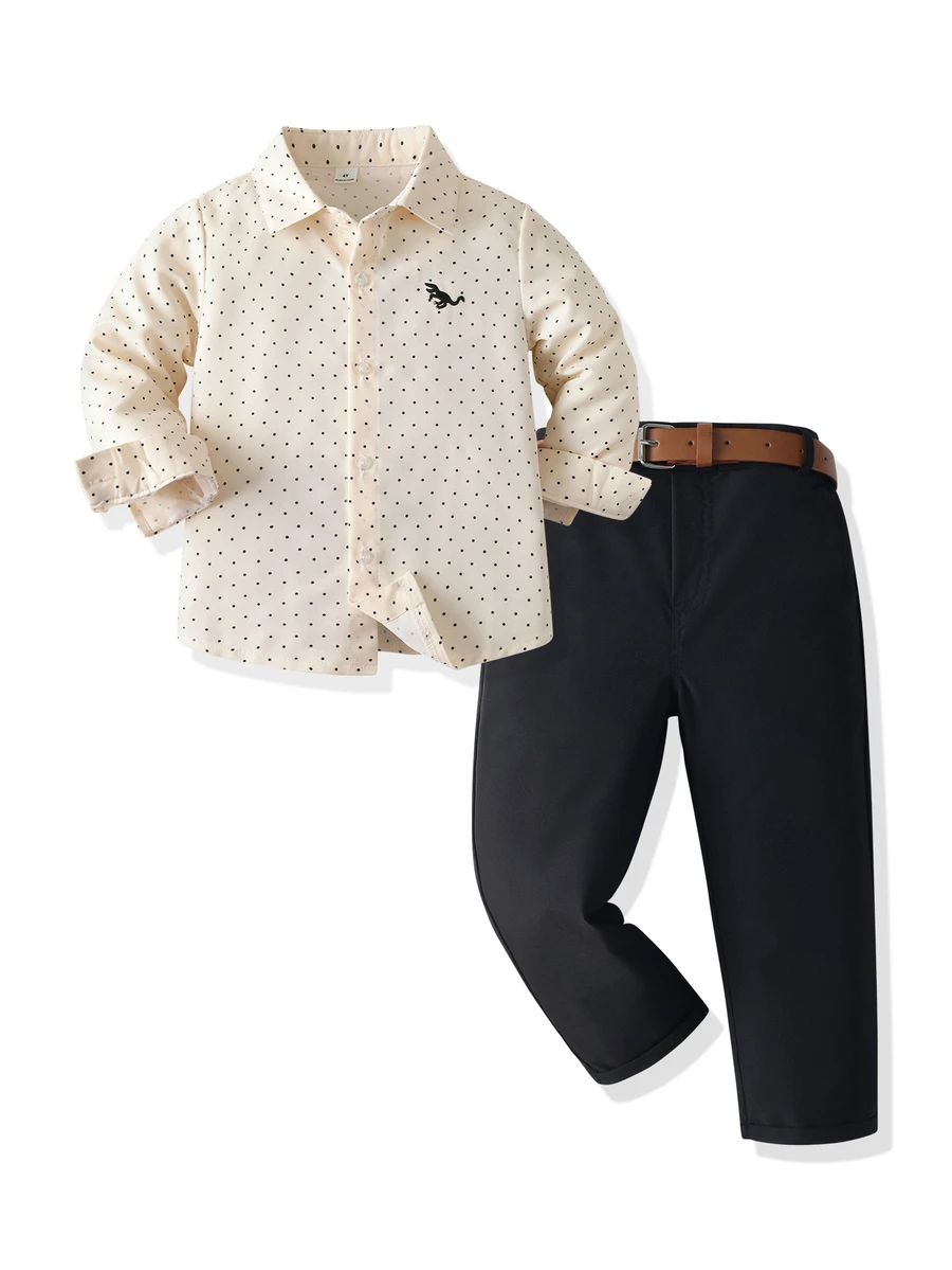 SHEIN 小男孩紳士風 2 件套波點長袖襯衫與西裝長褲,不含腰帶,適合生日派對、婚禮、聖誕節、萬聖節 - 杏色 - 查看 1