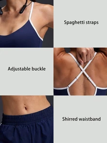 Powerista Women's Summer Gym And Sport Navy Blue And White Color-Block High Support Crew Neck Bra And High Slit Shorts Sports Set - With Breathable Fabric - Navy Blue - View 5