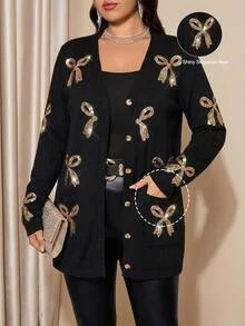 Comfylo Plus Size Women's Bow Pattern Casual Elegant Versatile Cardigan Party Morning Wedding Guest Black And Gold Spring - Black - View 9
