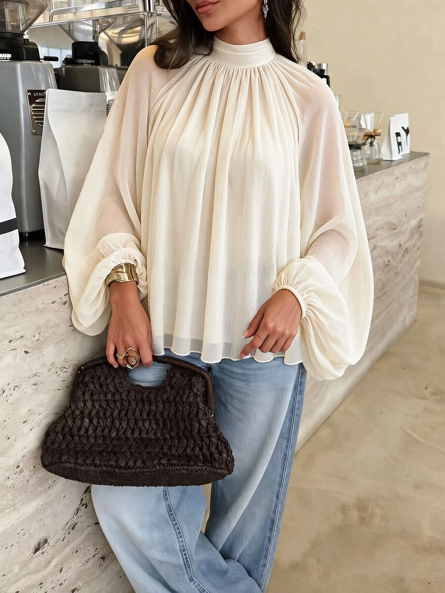 Avenya Fall/Winter Solid Color Textured Sheer Elegant French Chiffon Loose Fit Stand Collar Tie Back Women's Blouse Work Outfits Classy Tops Going Out Tops - Apricot - View 1