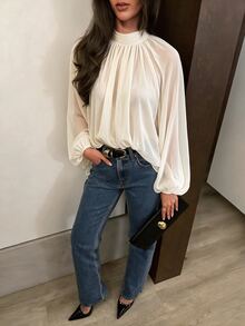 Avenya Fall/Winter Solid Color Textured Sheer Elegant French Chiffon Loose Fit Stand Collar Tie Back Women's Blouse Work Outfits Classy Tops Going Out Tops - Apricot - View 6