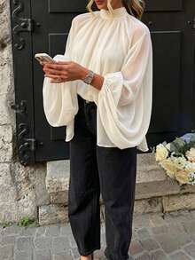 Avenya Fall/Winter Solid Color Textured Sheer Elegant French Chiffon Loose Fit Stand Collar Tie Back Women's Blouse Work Outfits Classy Tops Going Out Tops - Apricot - View 4