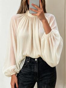 Avenya Fall/Winter Solid Color Textured Sheer Elegant French Chiffon Loose Fit Stand Collar Tie Back Women's Blouse Work Outfits Classy Tops Going Out Tops - Apricot - View 3