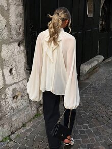 Avenya Fall/Winter Solid Color Textured Sheer Elegant French Chiffon Loose Fit Stand Collar Tie Back Women's Blouse Work Outfits Classy Tops Going Out Tops - Apricot - View 2