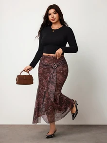 Enliva Falda midi de cintura alta con volantes y bajo asimétrico para talla grande, elegante y retro, para Body tipo manzana o redondeado - Multicolor - Ver 6