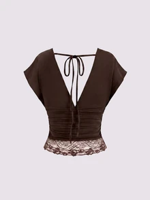 Rovax Women's Solid Color Deep V-Neck Pleated Lace Hem Fashion Top - Coffee Brown - View 4