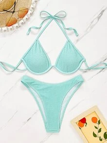 Voyashape Conjunto de bikini sexy de unicolor con lazo halter para mujer, sin push-up con aros - Azul menta - Ver 5