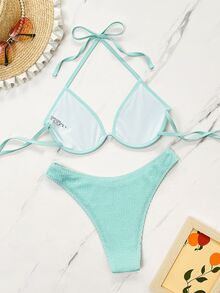 Voyashape Conjunto de bikini sexy de unicolor con lazo halter para mujer, sin push-up con aros - Azul menta - Ver 4