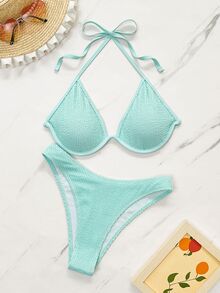 Voyashape Conjunto de bikini sexy de unicolor con lazo halter para mujer, sin push-up con aros - Azul menta - Ver 6