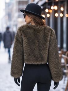 Editum Women's Autumn/Winter Long Sleeve Open Front Faux Fur Coat Night Out Going Out Dark Brown Elegant - Multicolor - View 3