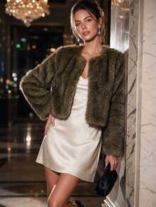 Editum Women's Autumn/Winter Long Sleeve Open Front Faux Fur Coat Night Out Going Out Dark Brown Elegant - Multicolor - View 2