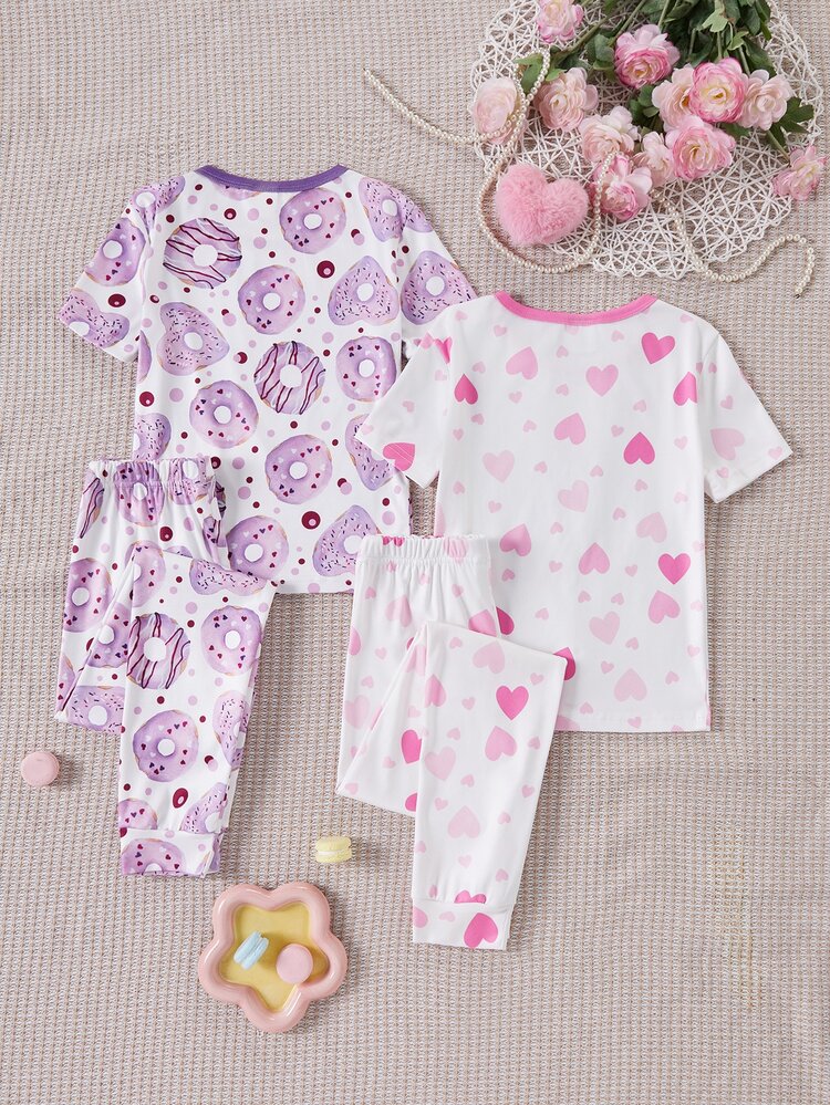 4pcs Girls Donut Cute Sweet Heart Print Short Sleeve Shorts Snug Fit Pajama Set - Multicolor - View 2