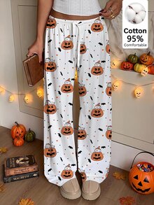 SHEIN EZwear 女款休閒萬聖節南瓜小狗卡通熊印花抽繩腰長褲，萬聖節穿搭，秋冬風格，適合日常通勤、約會、派對、秋冬、夏季、派對、婚禮、海灘、畢業典禮等場合，優雅休閒，適合外出、Y2K風格、音樂節等場合，萬聖節派對 - 彩色 - 查看 7