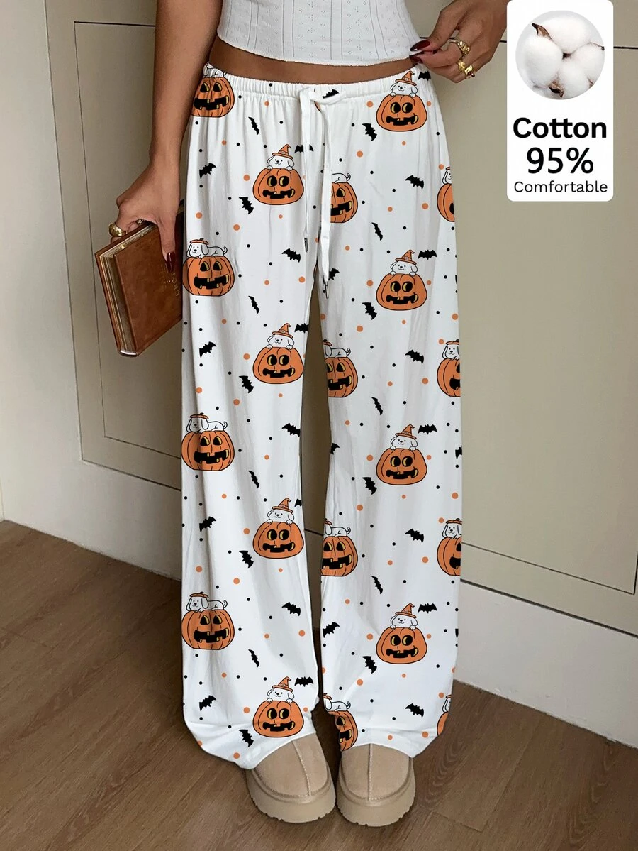 SHEIN EZwear 女款休閒萬聖節南瓜小狗卡通熊印花抽繩腰長褲,萬聖節穿搭,秋冬風格,適合日常通勤、約會、派對、秋冬、夏季、派對、婚禮、海灘、畢業典禮等場合,優雅休閒,適合外出、Y2K風格、音樂節等場合,萬聖節派對 - 彩色 - 查看 1
