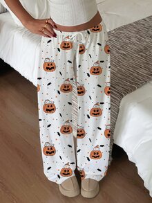 SHEIN EZwear 女款休閒萬聖節南瓜小狗卡通熊印花抽繩腰長褲，萬聖節穿搭，秋冬風格，適合日常通勤、約會、派對、秋冬、夏季、派對、婚禮、海灘、畢業典禮等場合，優雅休閒，適合外出、Y2K風格、音樂節等場合，萬聖節派對 - 彩色 - 查看 3