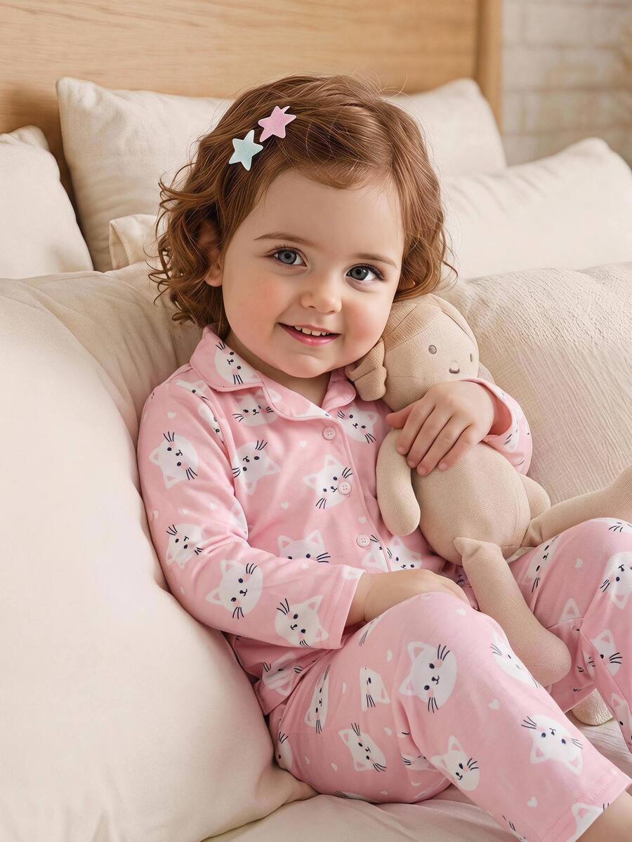 SHEIN Baby Girl Casual Cute Knitted Cartoon Pattern Loungewear Set - Pink - View 1