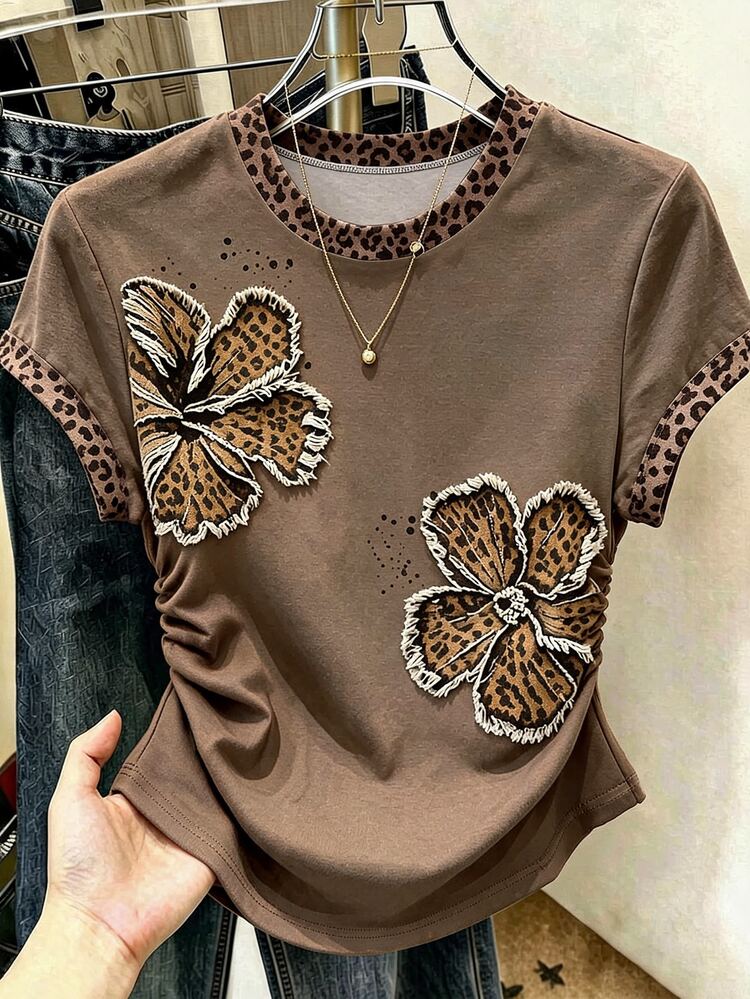 Resyla Áo khoác ngoài nữ, phong cách mùa hè mới, ôm sát, họa tiết da báo nâu, họa tiết bướm da báo, hoàn hảo để mặc đi du lịch, áo thun nữ. - Nhiều màu - Xem 1