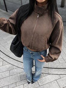 Avenya 女款復古休閒細格紋立領拉鍊口袋長袖夾克，寬鬆落肩短版飛行夾克，秋季辦公商務穿搭 - 棕色 - 查看 3
