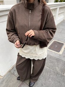 Avenya 女款復古休閒細格紋立領拉鍊口袋長袖夾克，寬鬆落肩短版飛行夾克，秋季辦公商務穿搭 - 棕色 - 查看 4