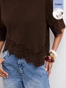 Maija Women's Solid Color Asymmetrical Hem T-Shirt Brunch Dark Brown Summer Casual Brunch - Brown - View 8