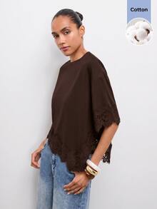 Maija Women's Solid Color Asymmetrical Hem T-Shirt Brunch Dark Brown Summer Casual Brunch - Brown - View 7