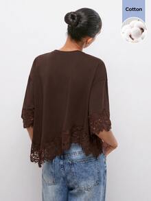 Maija Women's Solid Color Asymmetrical Hem T-Shirt Brunch Dark Brown Summer Casual Brunch - Brown - View 2