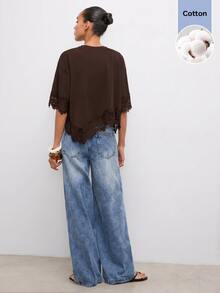 Maija Women's Solid Color Asymmetrical Hem T-Shirt Brunch Dark Brown Summer Casual Brunch - Brown - View 6
