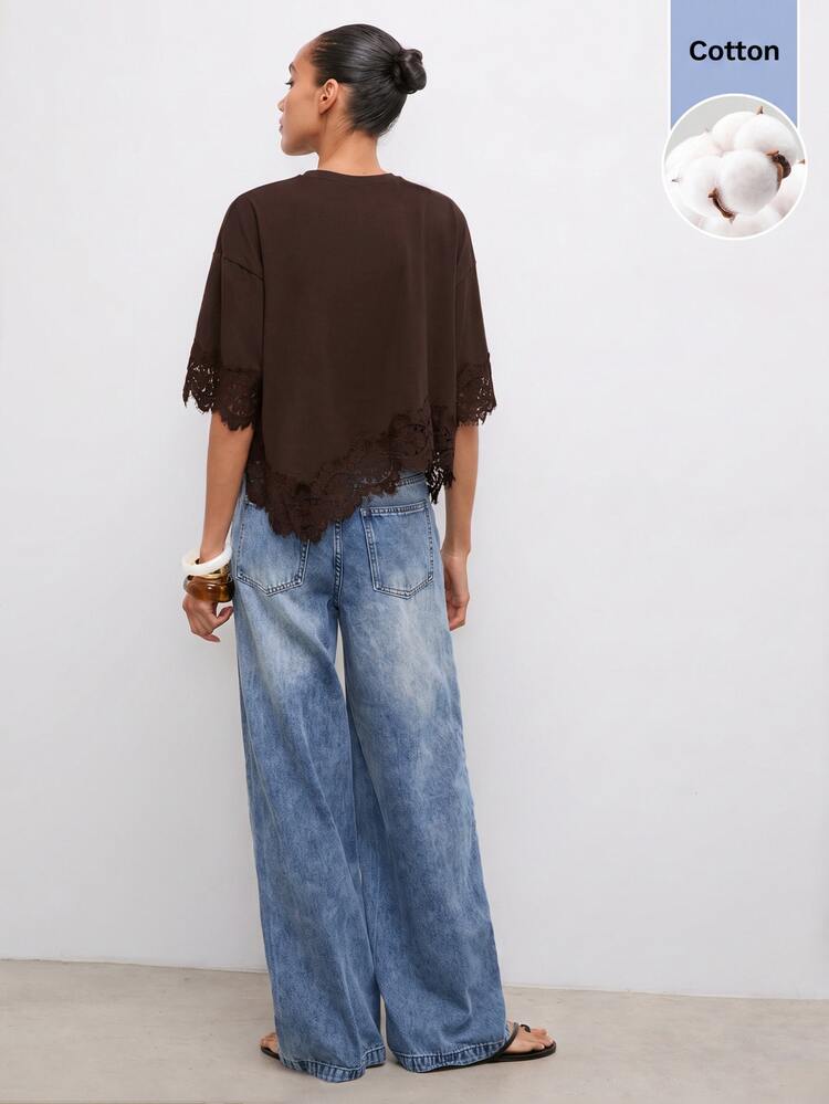 Maija Women's Solid Color Asymmetrical Hem T-Shirt Brunch Dark Brown Summer Casual Brunch - Brown - View 6