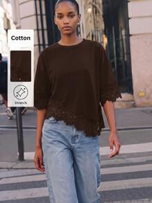 Maija Women's Solid Color Asymmetrical Hem T-Shirt Brunch Dark Brown Summer Casual Brunch - Brown - View 5