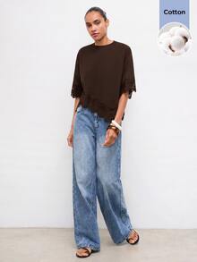 Maija Women's Solid Color Asymmetrical Hem T-Shirt Brunch Dark Brown Summer Casual Brunch - Brown - View 4