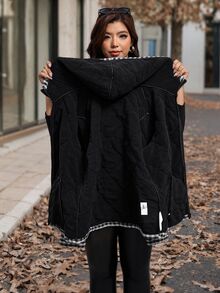 SHEIN Clasi 大尺碼女款格紋休閒百搭冬季連帽填充外套 - 黑與白 - 查看 8
