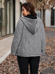 SHEIN Clasi 大尺碼女款格紋休閒百搭冬季連帽填充外套 - 黑與白 - 查看 2