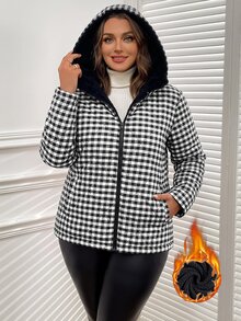SHEIN Clasi 大尺碼女款格紋休閒百搭冬季連帽填充外套 - 黑與白 - 查看 1