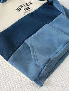Cozy Pixies 兒童小男孩休閒日常舒適拼色拼接連帽套頭長袖針織秋季衛衣 - 藍色 - 查看 6